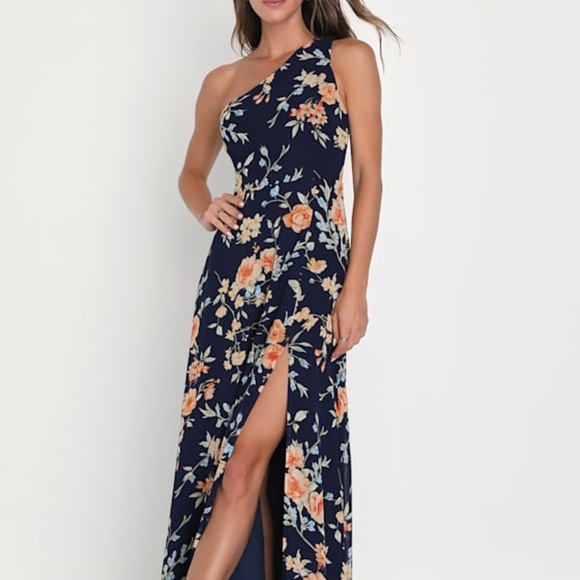Lulus Elegant Admiration Navy Blue Floral One-shoulder Maxi Dress - Size S - Picture 1 of 1